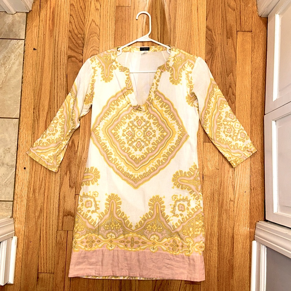 J. Crew Cream Resort Dress with 3/4 Sleeves and Plunge Neckline